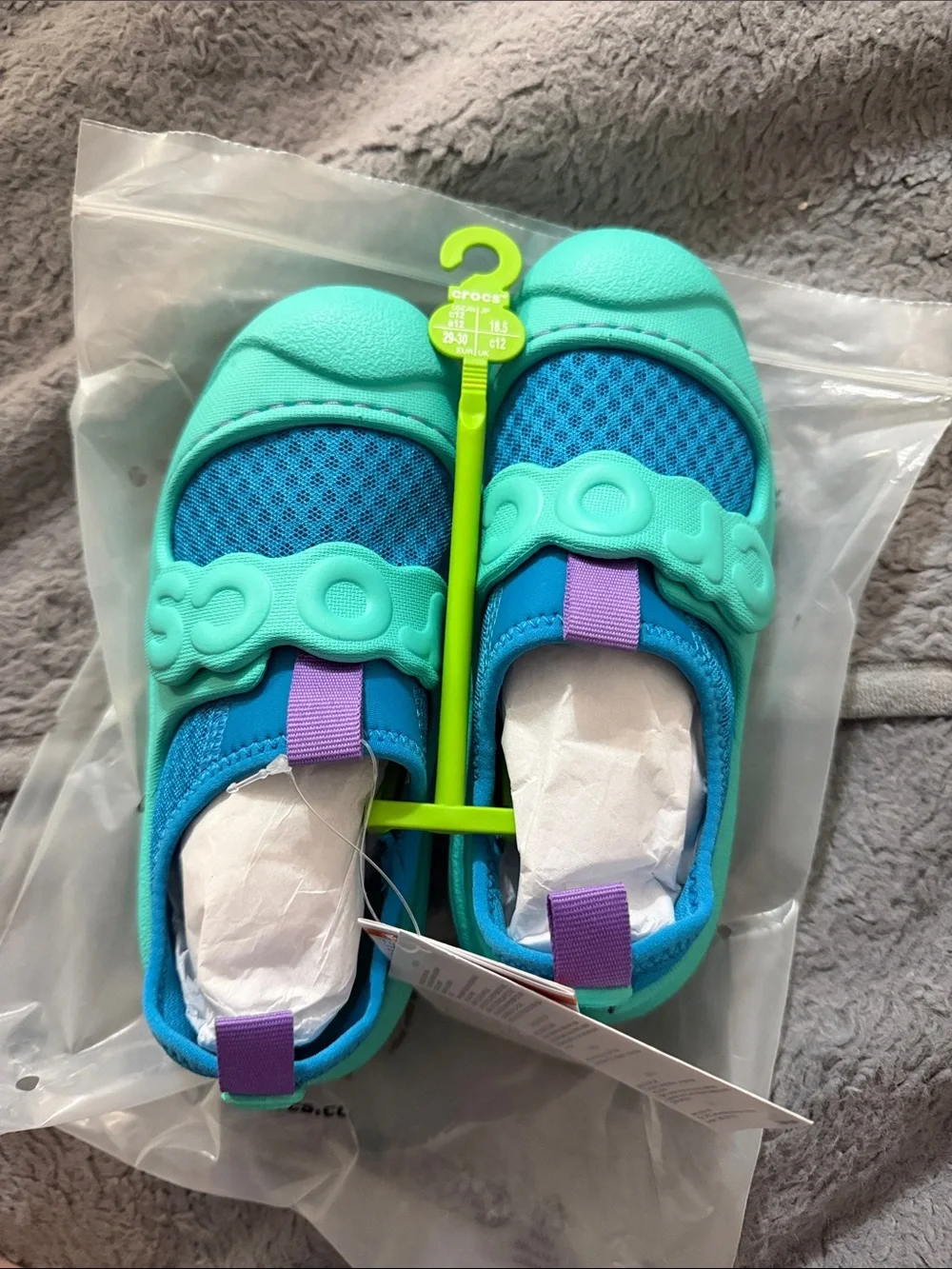 CROCS Kids Blue & Mint Foam Clogs with Purple Straps